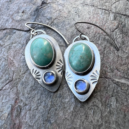 Turquoise and Rainbow Moonstone Sterling Silver Earrings - One-of-a-Kind Handmade Sterling Silver Earrings