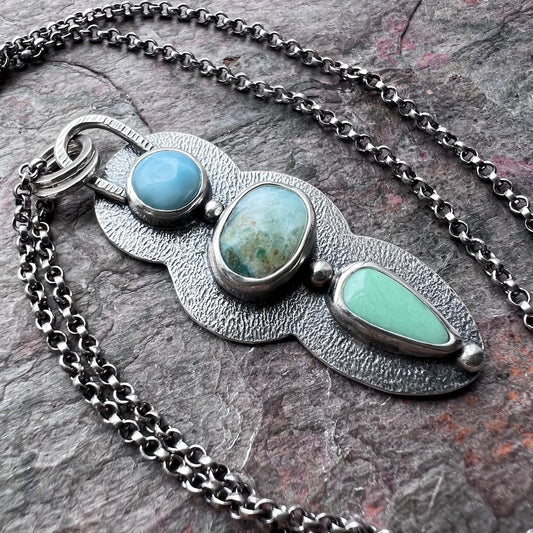 Larimar, Peruvian Opal, and Variscite Sterling Silver Necklace - Handmade One-of-a-kind Pendant on Sterling Silver Chain