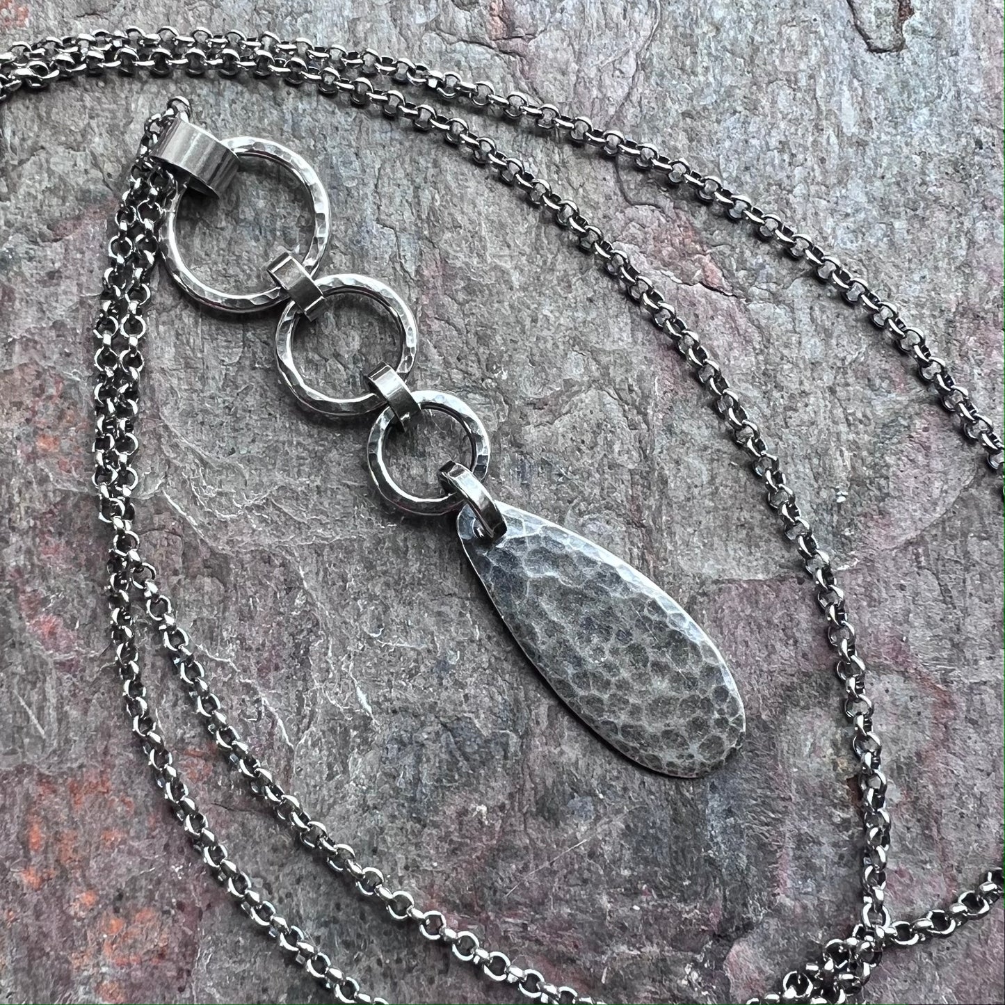 Sterling Silver Hammered Teardrop and Circles Necklace - Handmade Pendant on Sterling Silver Chain