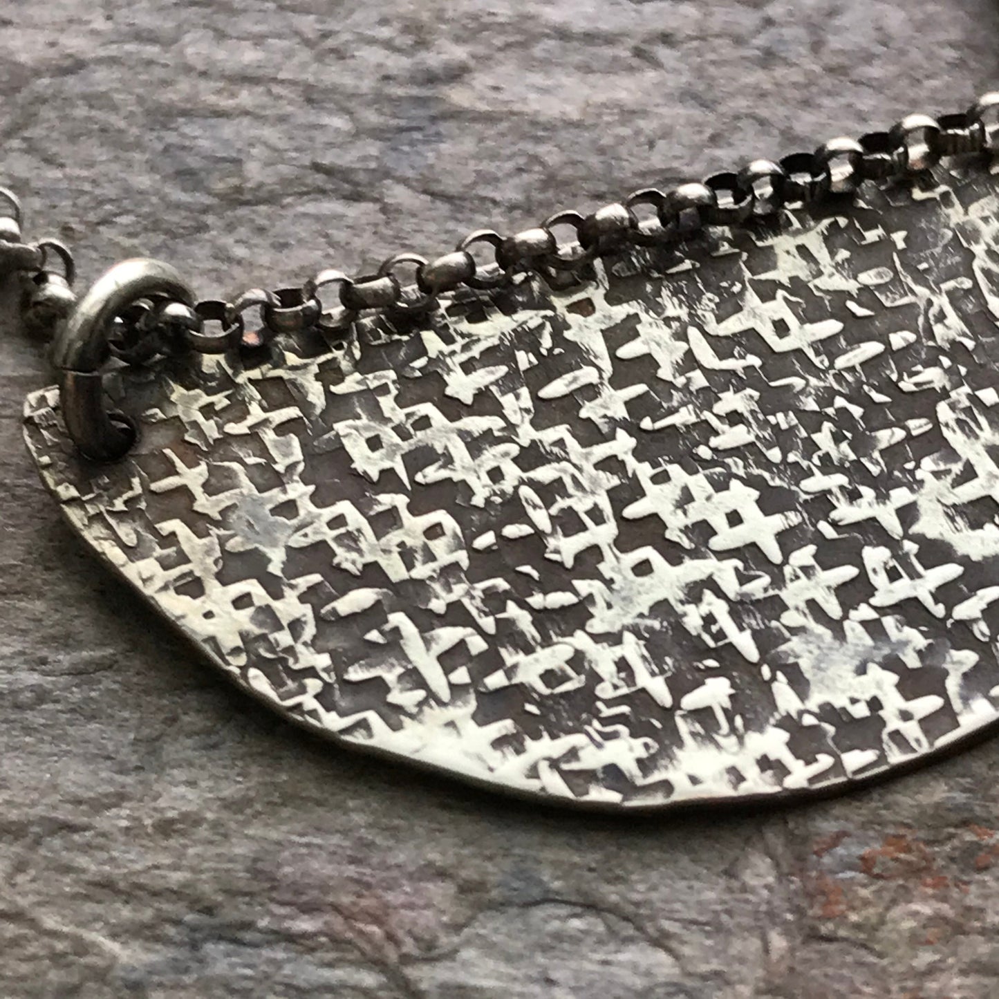 Sterling Silver Semicircle Necklace - Distressed Sterling Silver Half Disc Pendant on Sterling Silver Chain