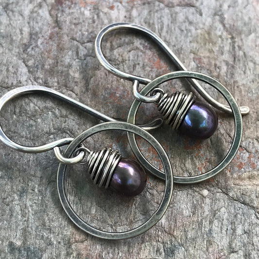 Tiny Black Plum Pearls and Sterling Silver Earrings