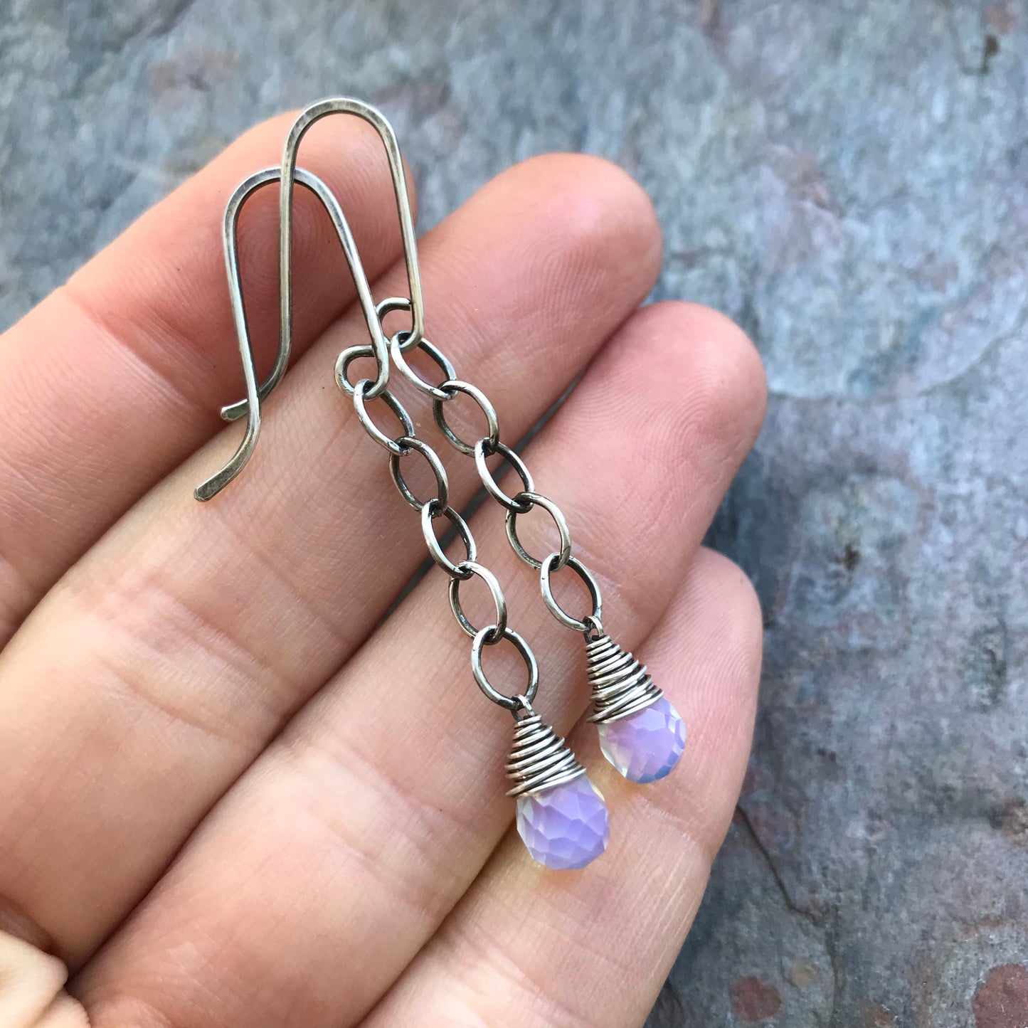 Opalite Sterling Silver Earrings - Faceted Opalite Briolettes on Sterling Silver Chains and Handmade Earwires