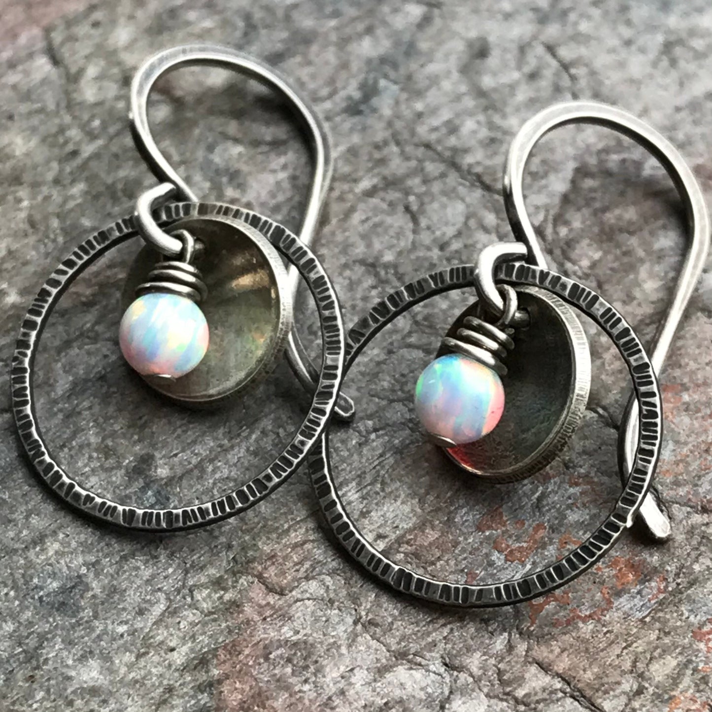 Opal Sterling Silver Earrings - Opal Beads in Textured Rings on Handmade Sterling Silver Earwires