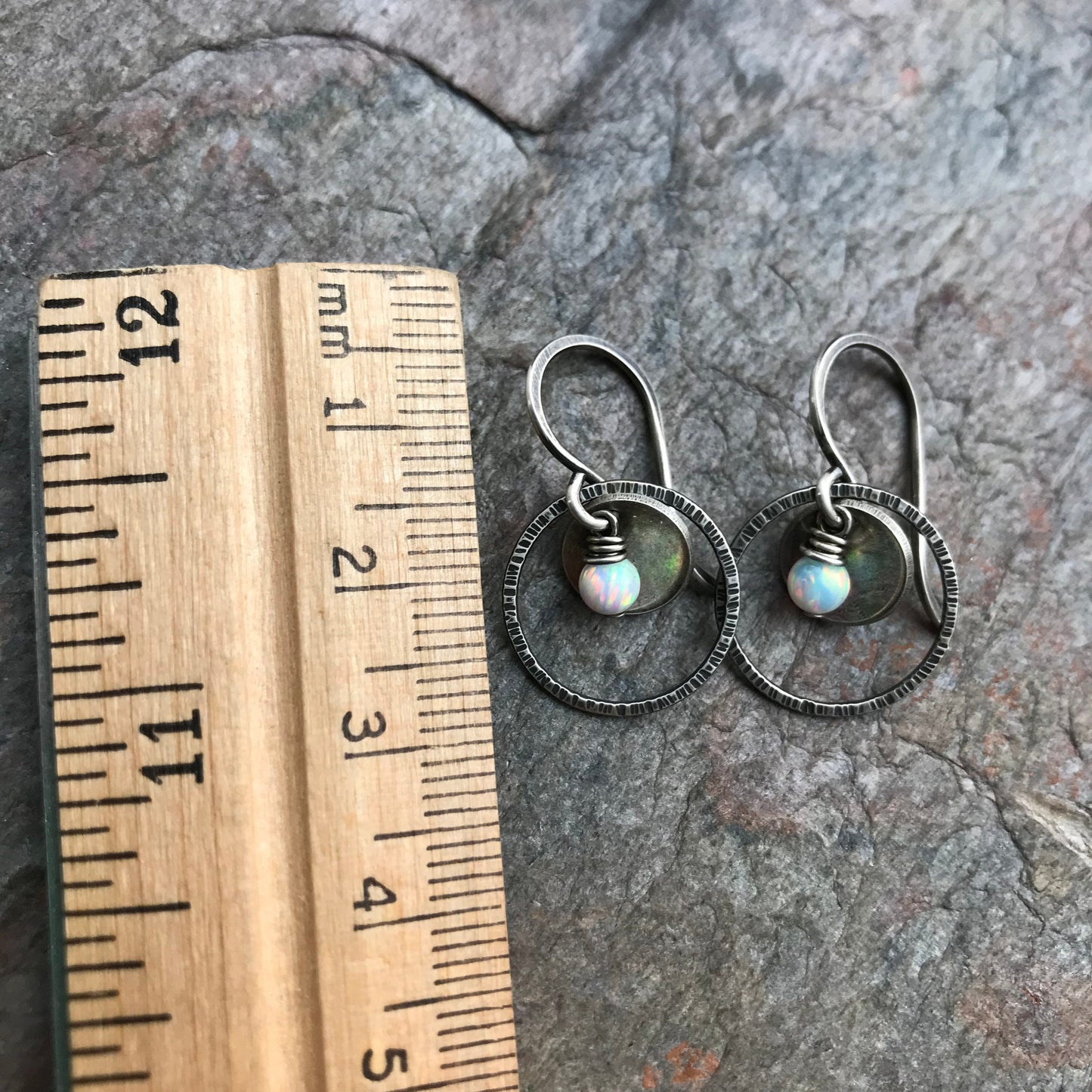 Opal Sterling Silver Earrings - Opal Beads in Textured Rings on Handmade Sterling Silver Earwires