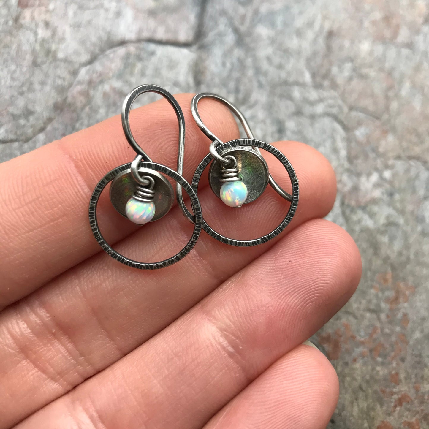 Sterling Silver Opal Earrings - Handmade Small Simulated Opal Silver Dangles