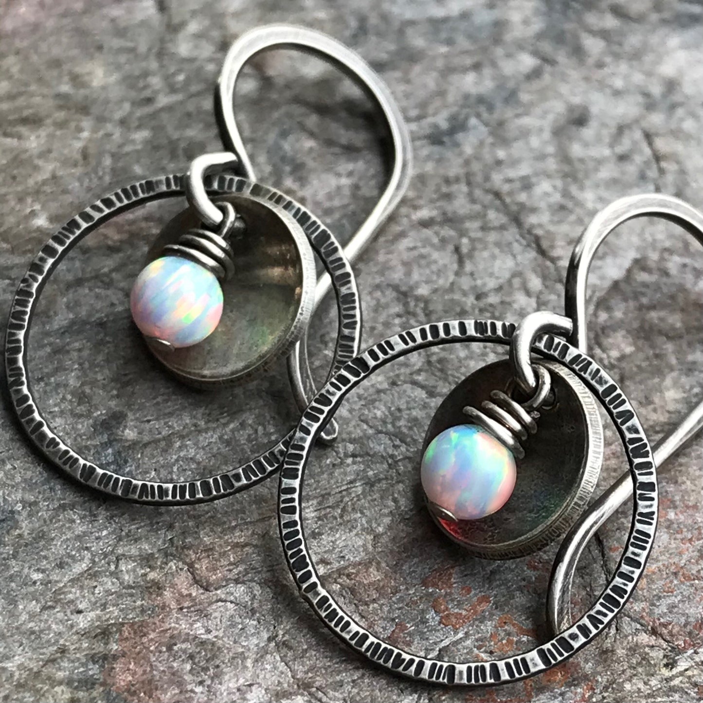 Sterling Silver Opal Earrings - Handmade Small Simulated Opal Silver Dangles