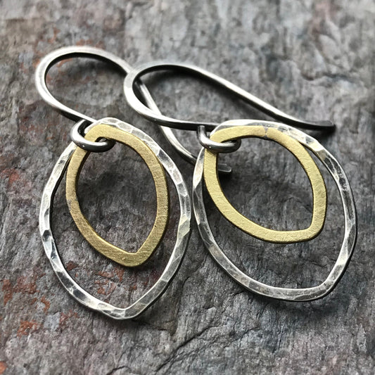 Sterling Silver and Brass Petal Earrings - Hammered Sterling Silver and Brass on Handmade Sterling Silver Earwires
