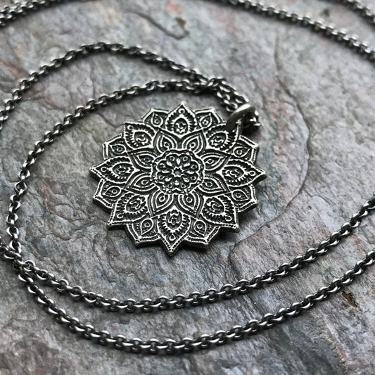 Sterling Silver Mandala Necklace - Handmade Sterling Silver Pendant Suspended on Sterling Silver Chain