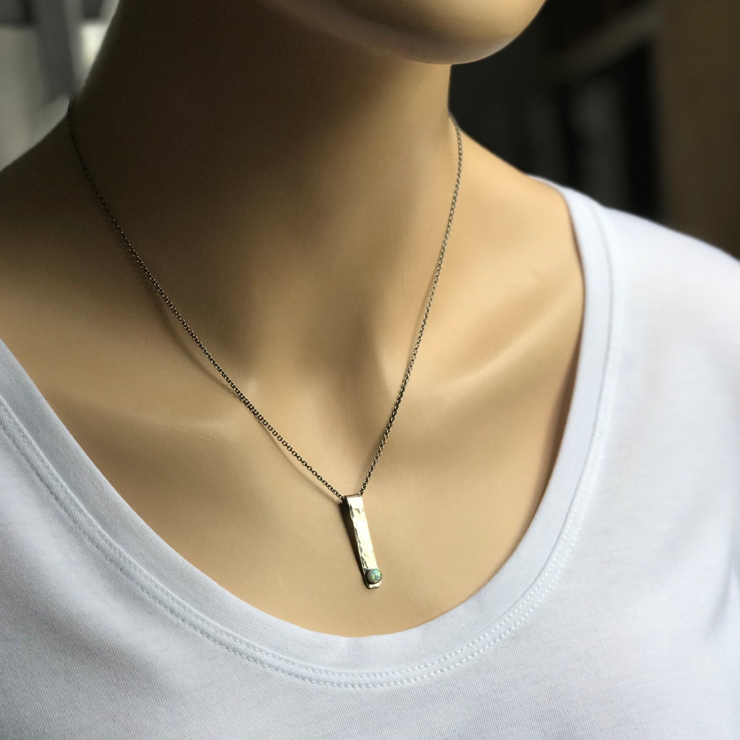 Opal and Sterling Silver Bar Necklace - Hammered Sterling Silver Bar and Simulated Opal Cabochon Pendant Necklace