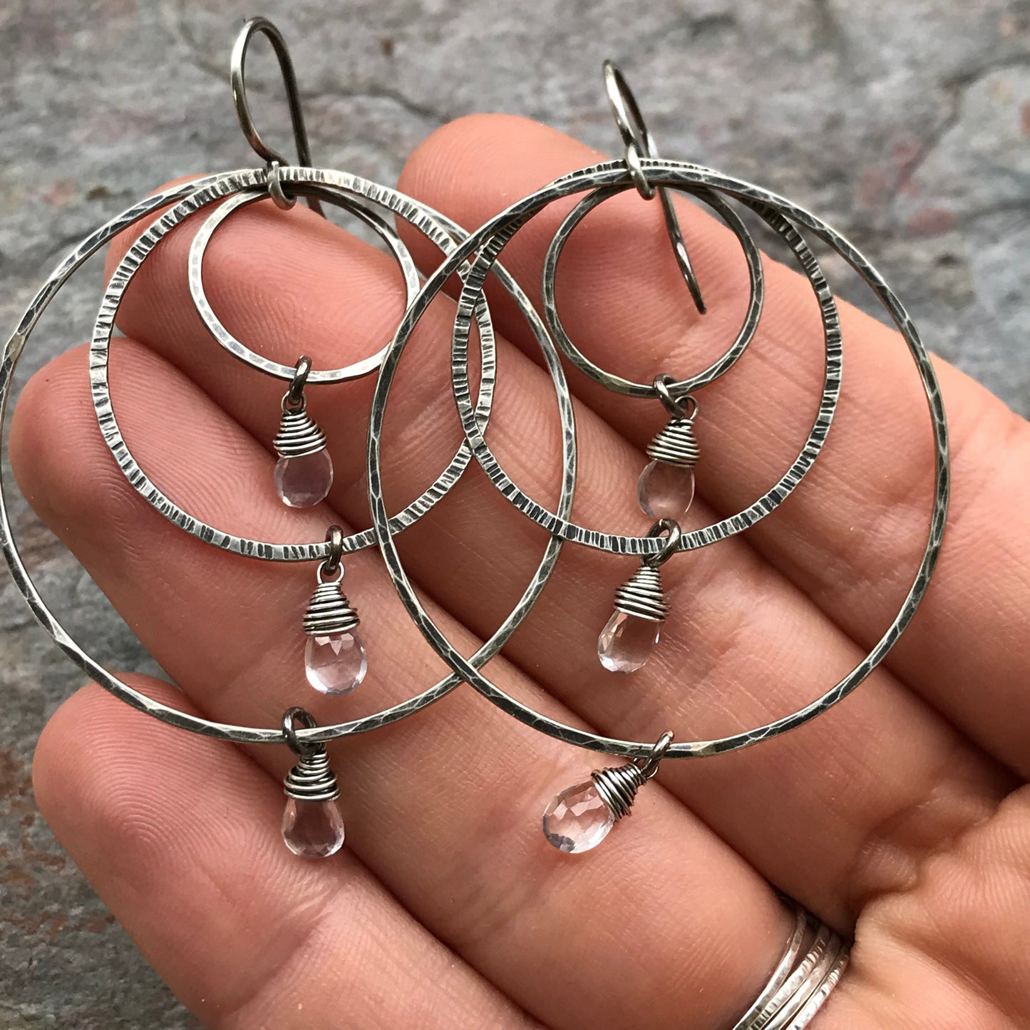 Rose Quartz Sterling Silver Earrings - Lightweight Large Handmade Hoop Sterling Silver Earrings