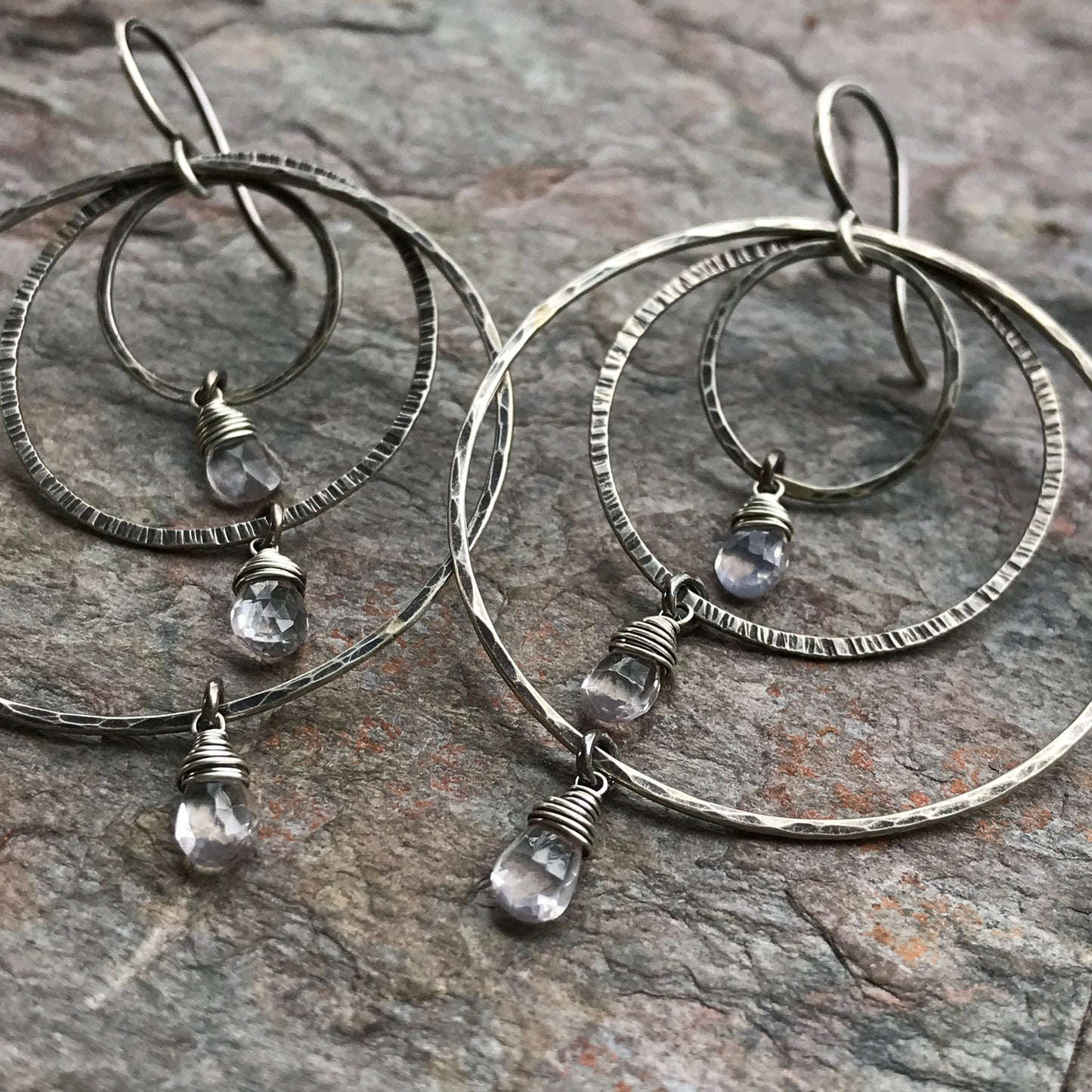 Rose Quartz Sterling Silver Earrings - Lightweight Large Handmade Hoop Sterling Silver Earrings