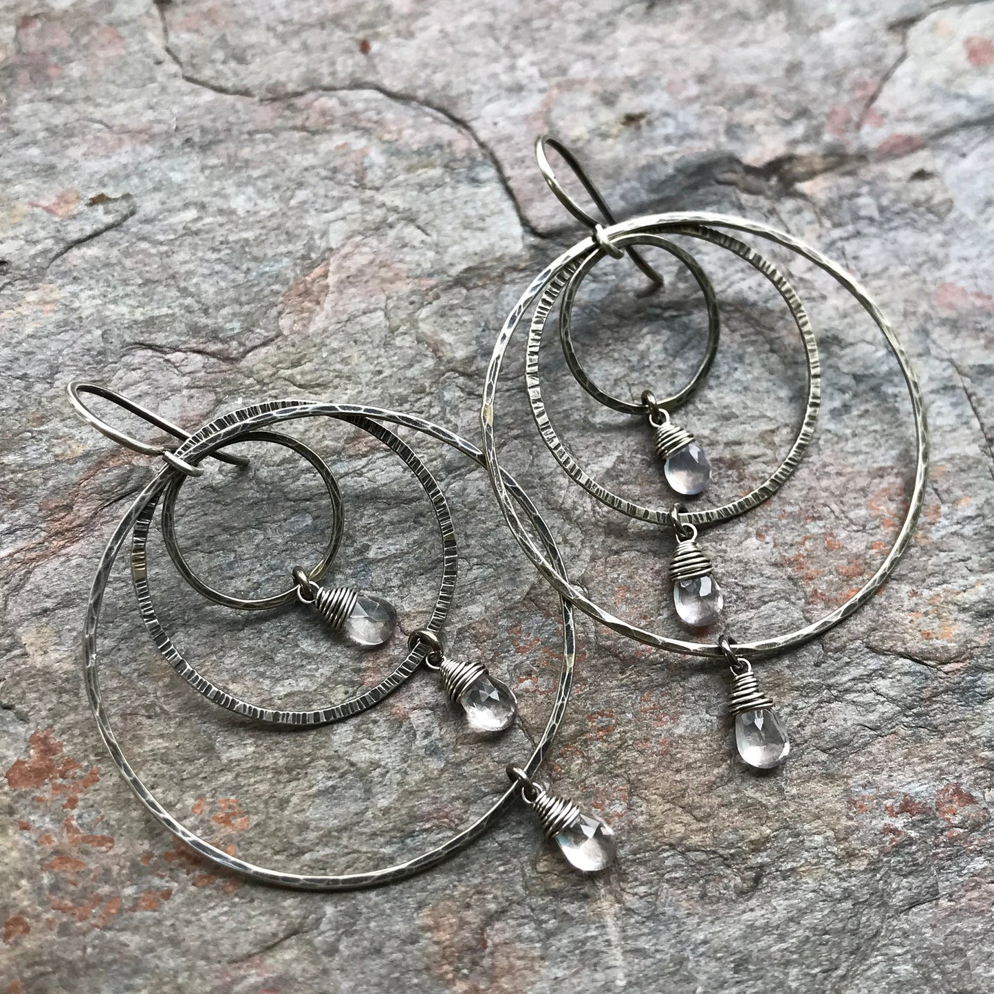 Rose Quartz Sterling Silver Earrings - Lightweight Large Handmade Hoop Sterling Silver Earrings