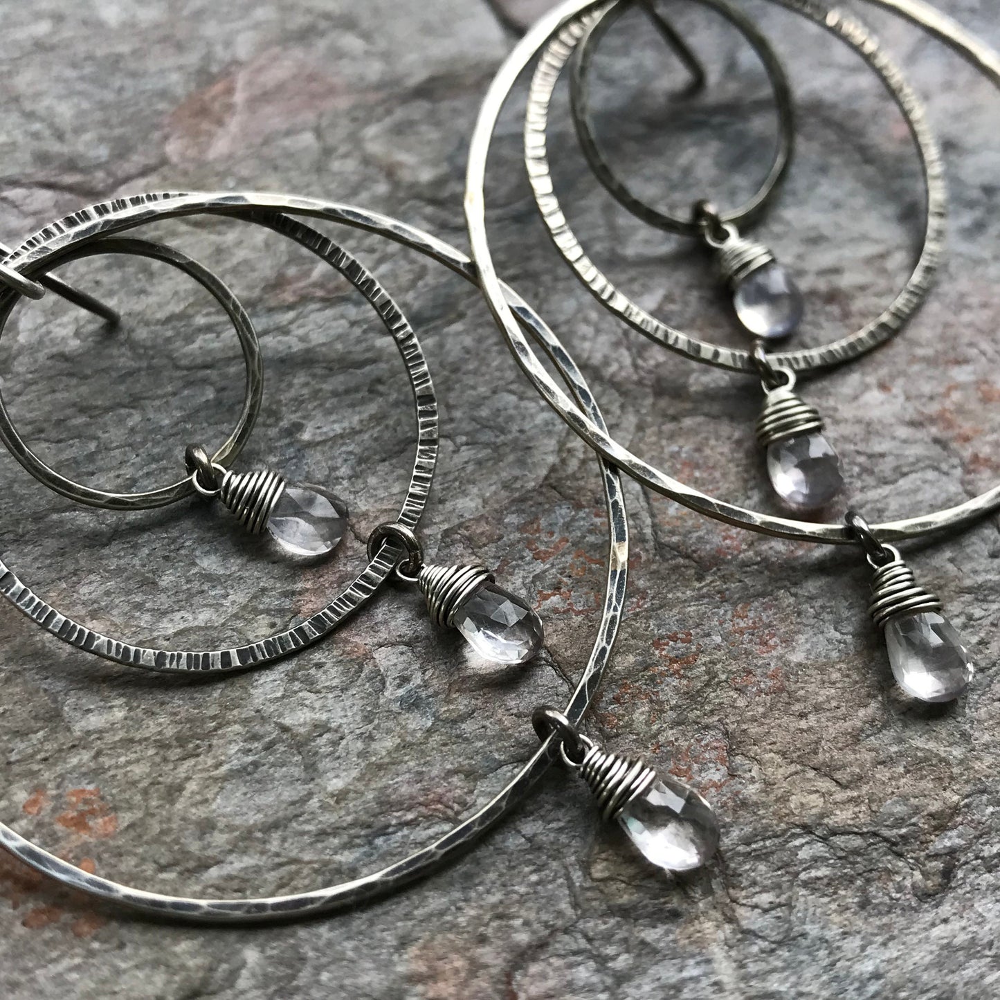 Rose Quartz Sterling Silver Earrings - Lightweight Large Handmade Hoop Sterling Silver Earrings