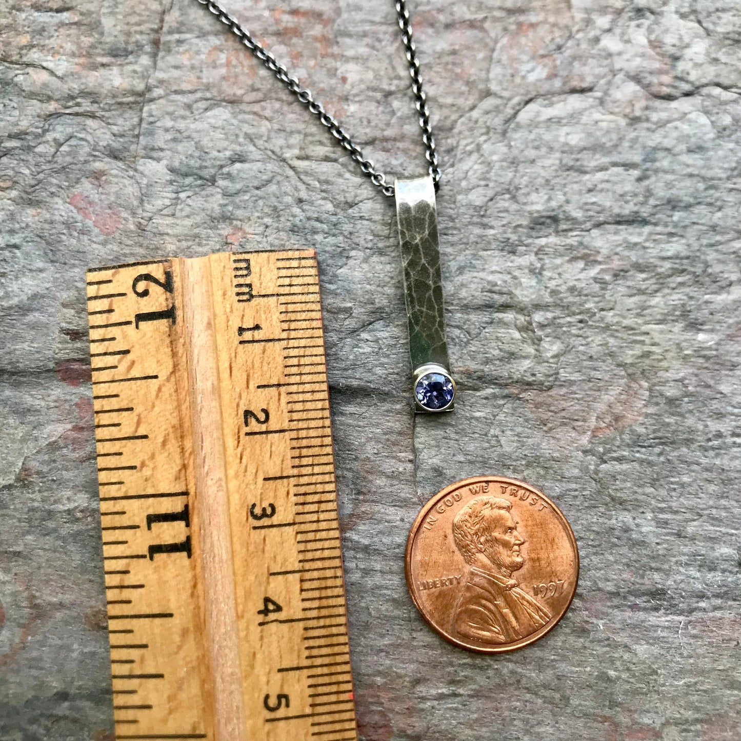 Iolite and Sterling Silver Bar Necklace - Handmade Hammered Sterling Silver Pendant and Genuine Iolite Faceted Gemstone