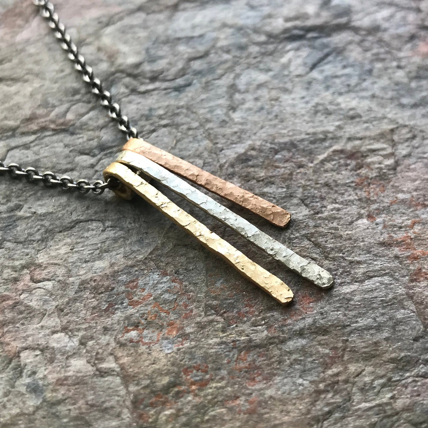 Yellow Goldfill, Rose Goldfill, and Sterling Silver Three Bar Minimalist Necklace