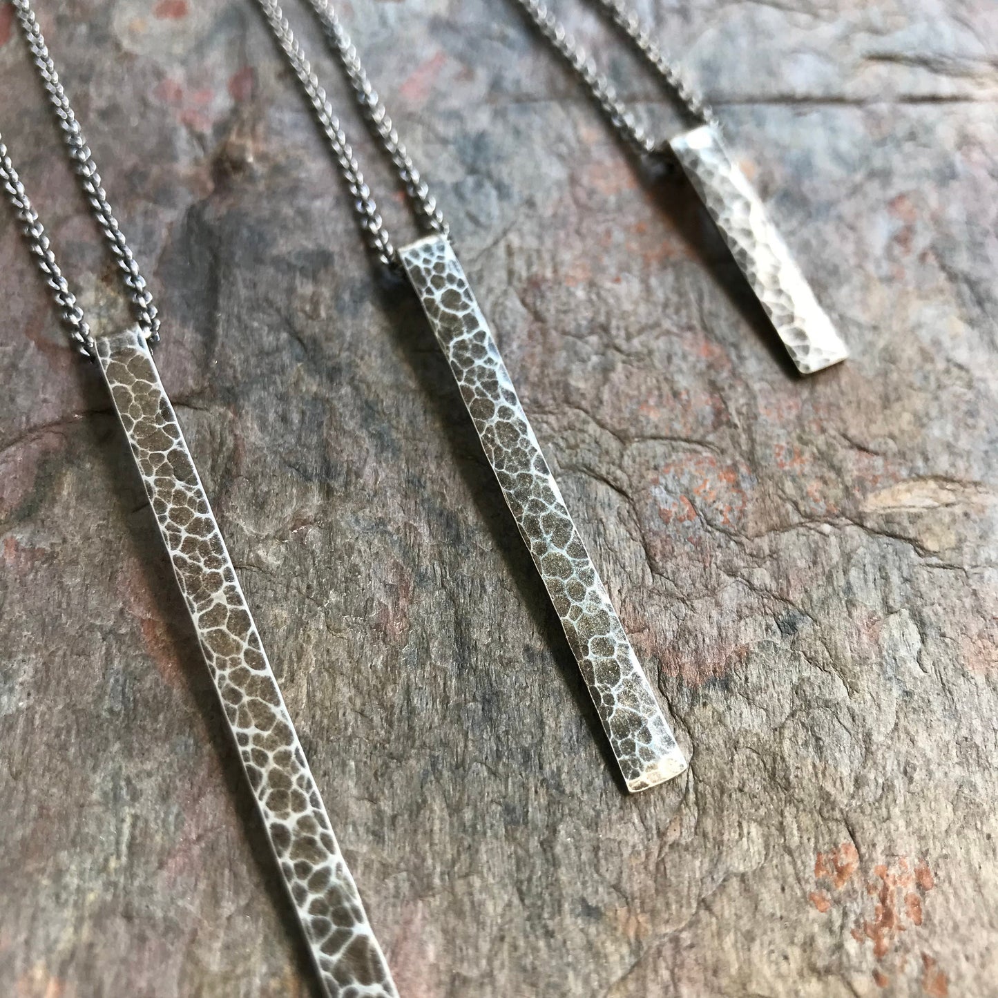 Long Sterling Silver Bar Necklace - Handmade Hammered Sterling Silver Pendant Suspended on Sterling Silver Chain