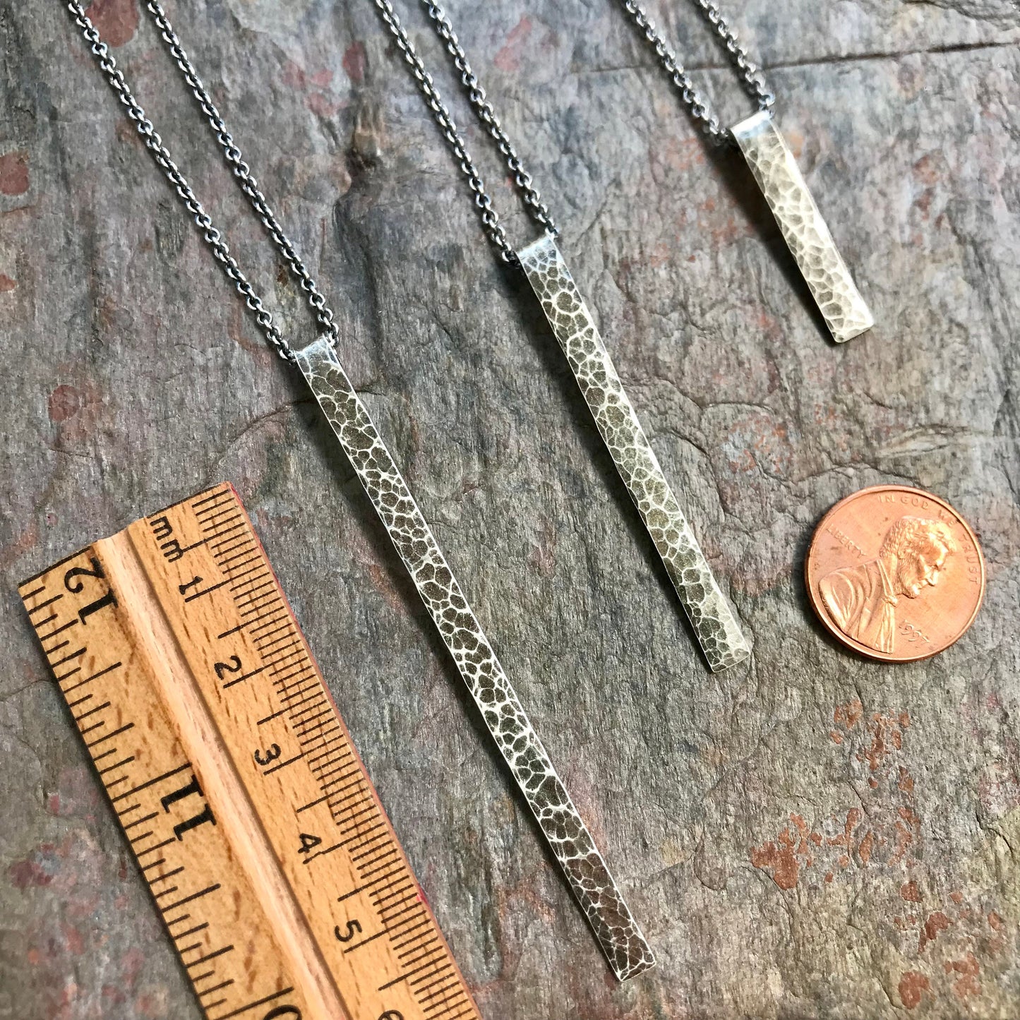 Long Sterling Silver Bar Necklace - Handmade Hammered Sterling Silver Pendant Suspended on Sterling Silver Chain