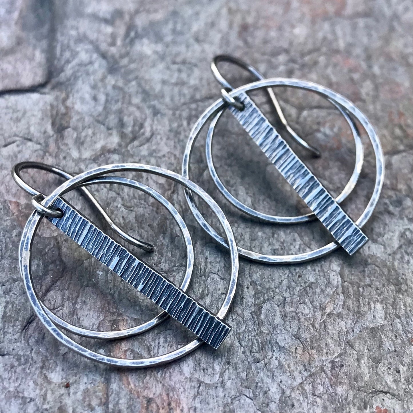 Sterling Silver Earrings - Hammered Sterling Silver Circle and Bar Earrings
