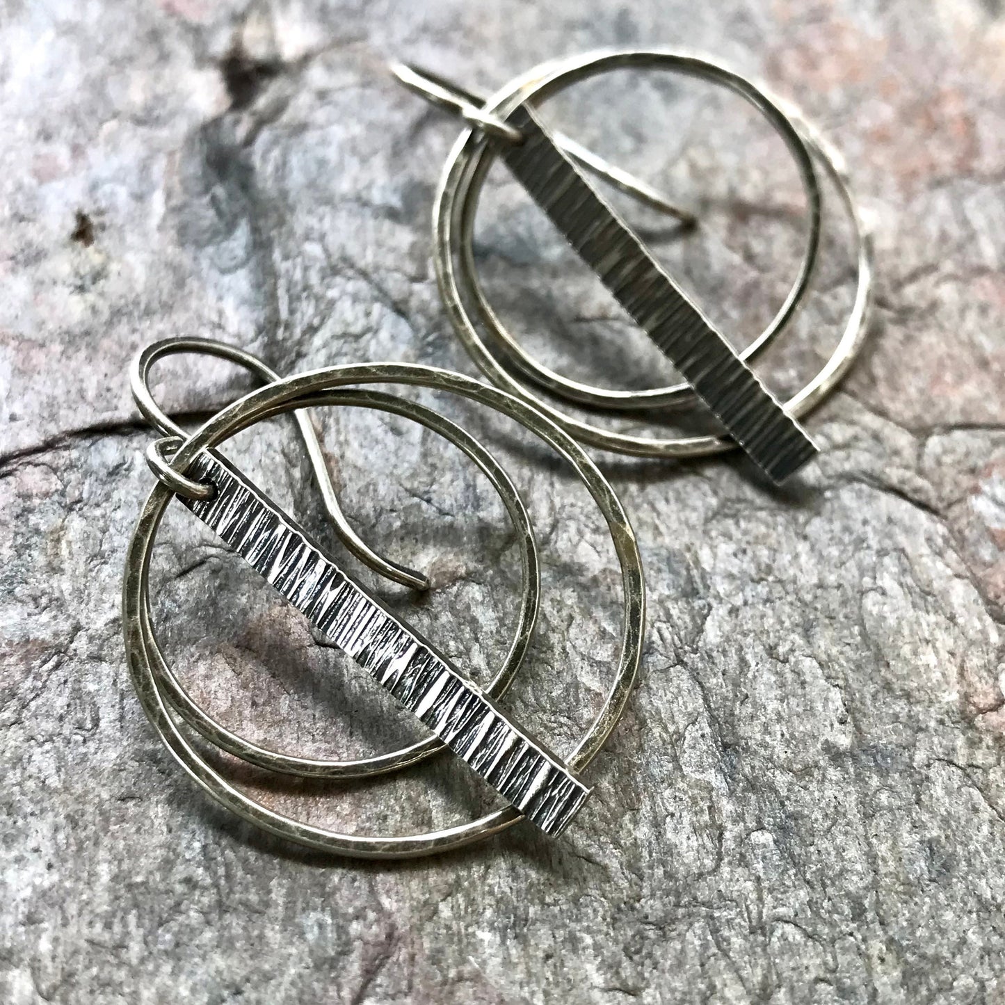Sterling Silver Earrings - Hammered Sterling Silver Circle and Bar Earrings