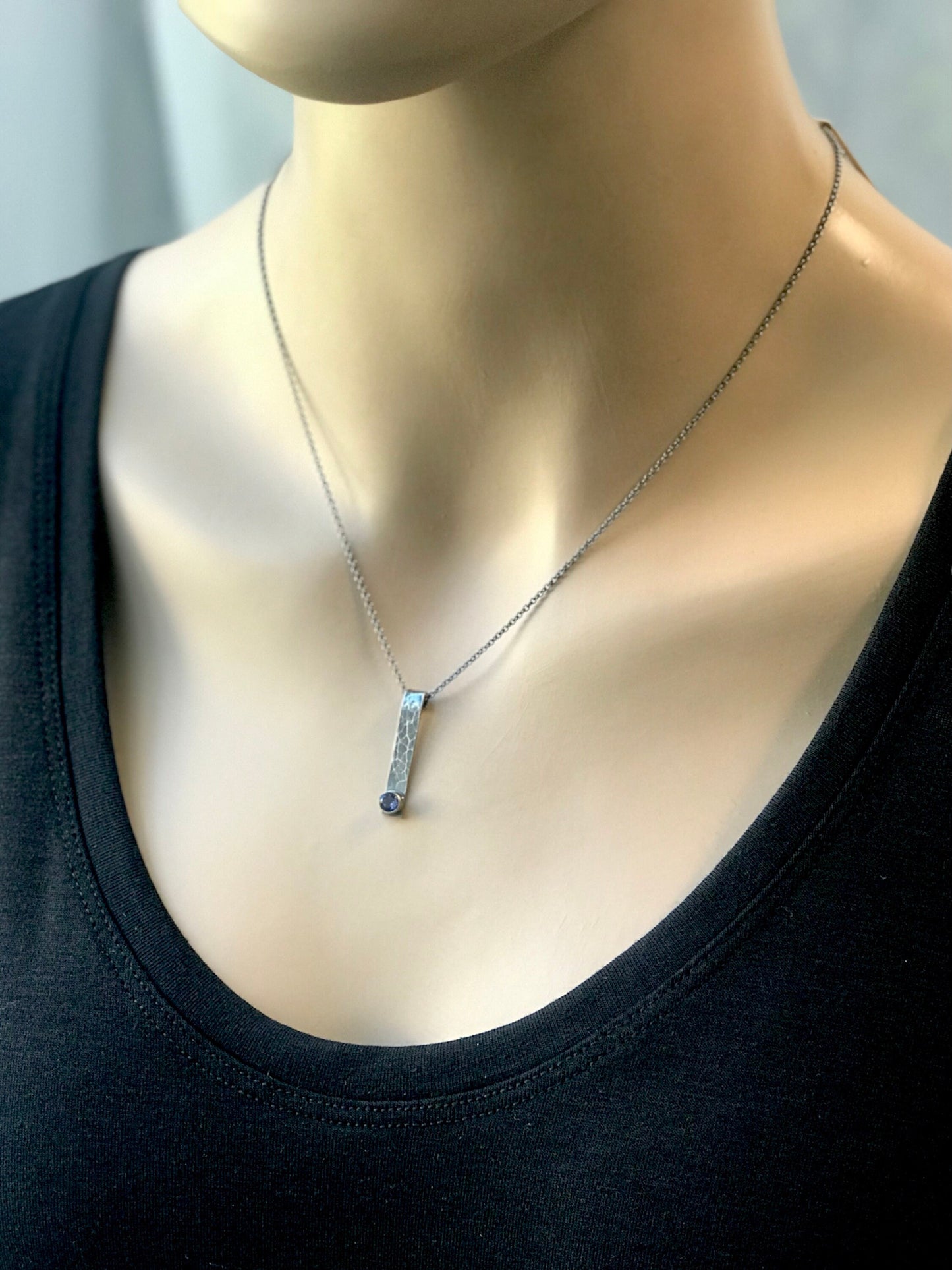 Iolite and Sterling Silver Bar Necklace - Handmade Hammered Sterling Silver Pendant and Genuine Iolite Faceted Gemstone