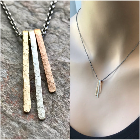 Yellow Goldfill, Rose Goldfill, and Sterling Silver Three Bar Minimalist Necklace
