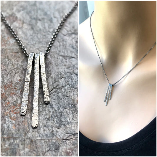 Sterling Silver Three Bar Minimalist Necklace - Hammered Sterling Silver Pendant Suspended on Sterling Silver Chain