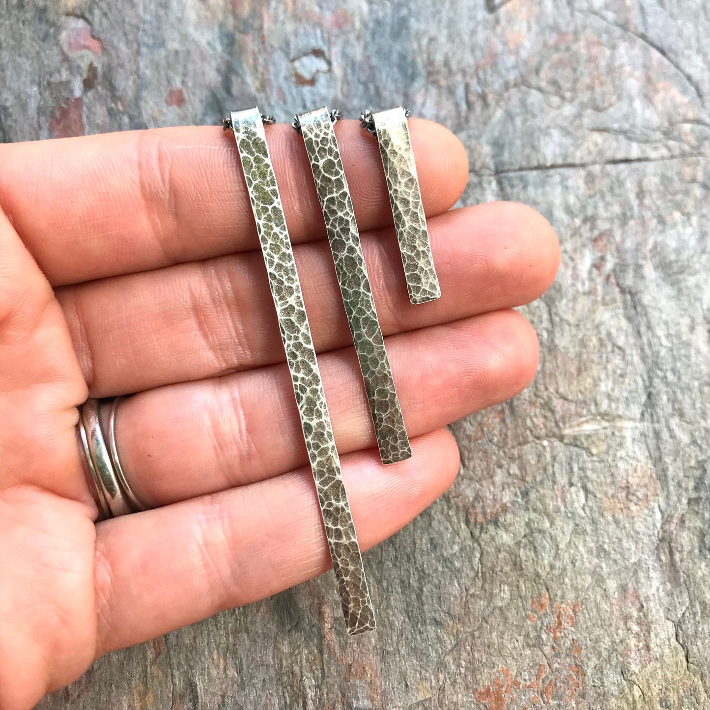 Long Sterling Silver Bar Necklace - Handmade Hammered Sterling Silver Pendant Suspended on Sterling Silver Chain