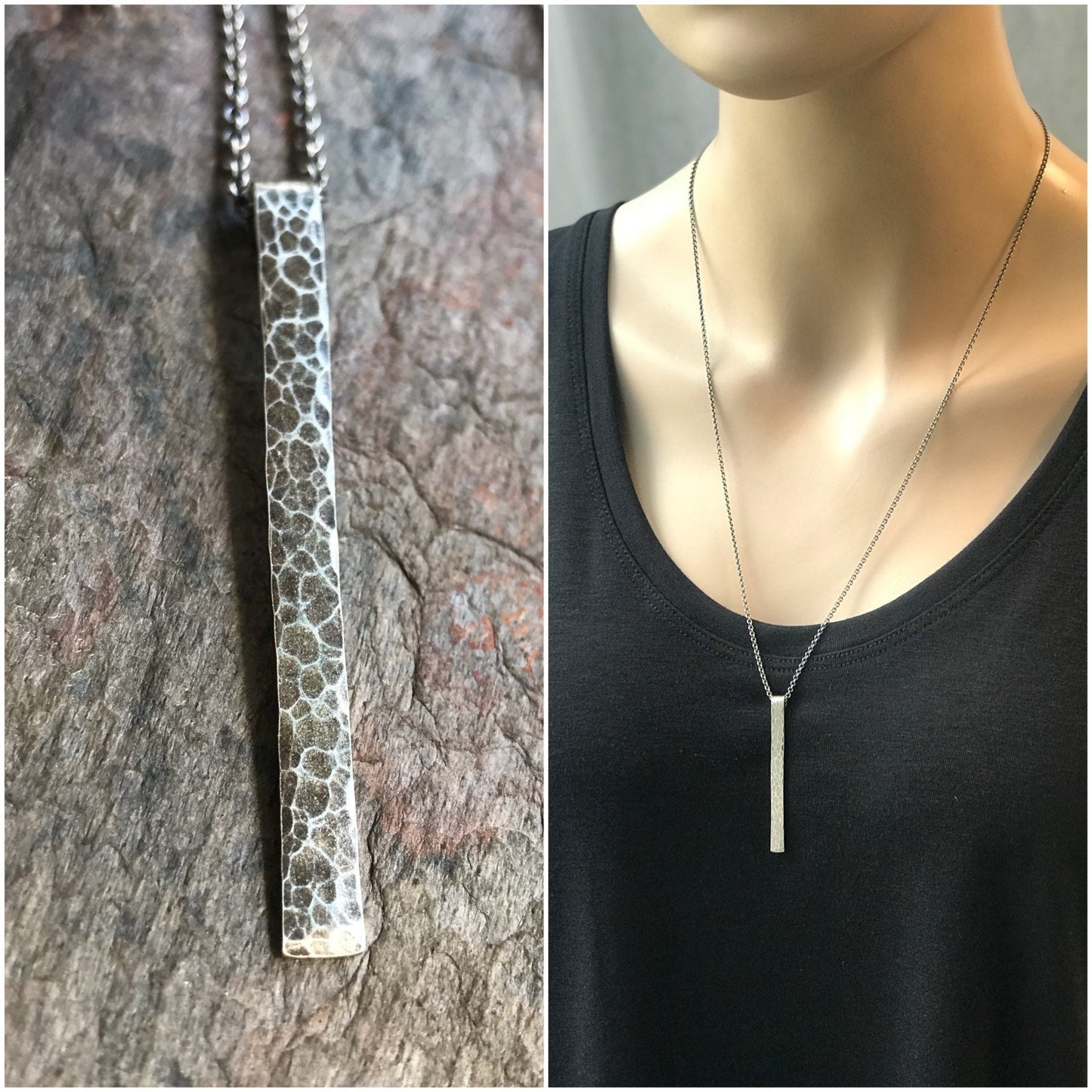 Long Sterling Silver Bar Necklace - Handmade Hammered Sterling Silver Pendant Suspended on Sterling Silver Chain