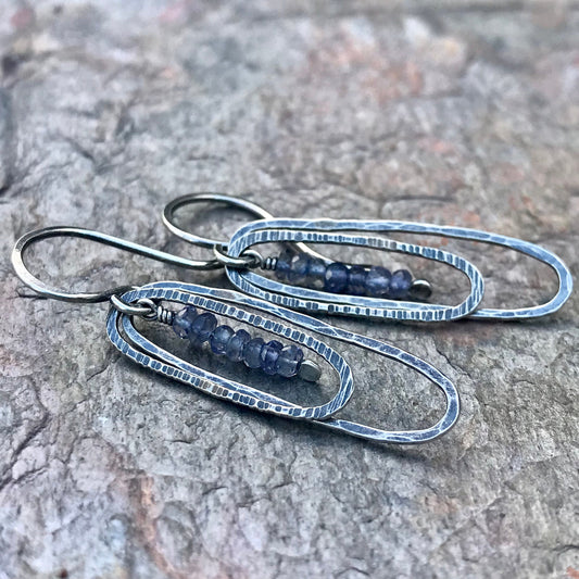 Iolite Sterling Silver Elongated and Textured Earrings