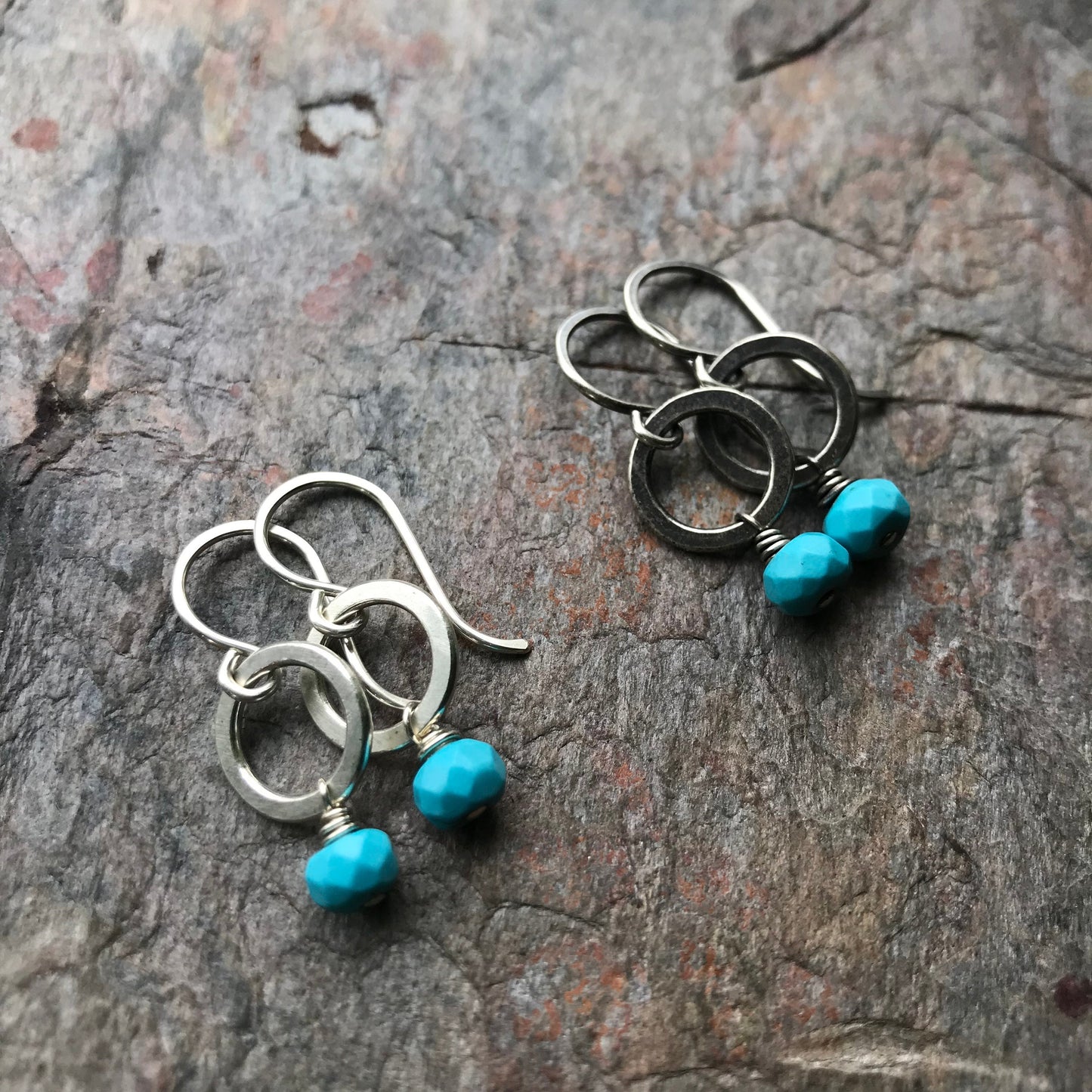 Turquoise Sterling Silver Earrings - Faceted Turquoise on Dainty Sterling Silver Circles