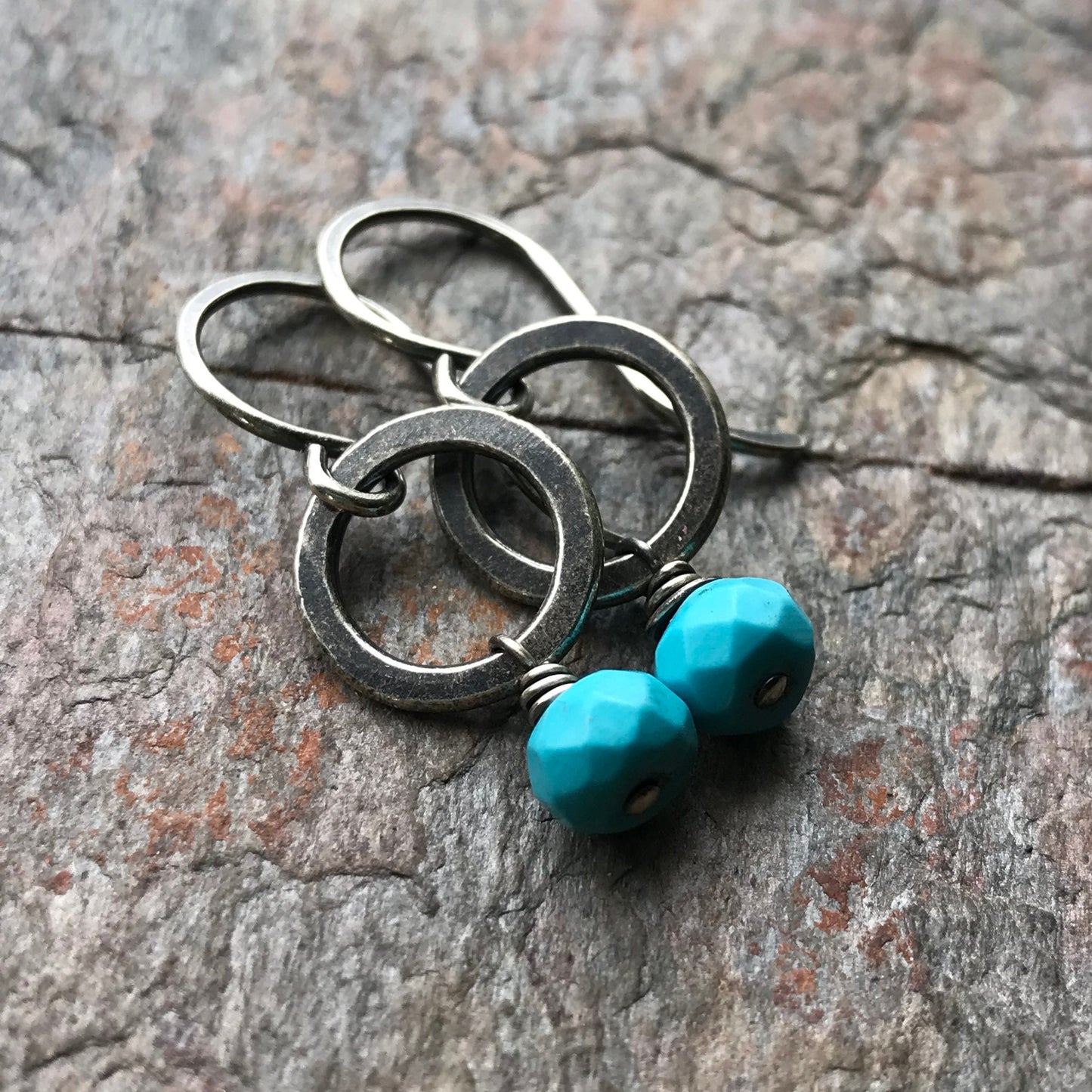 Turquoise Sterling Silver Earrings - Faceted Turquoise on Dainty Sterling Silver Circles