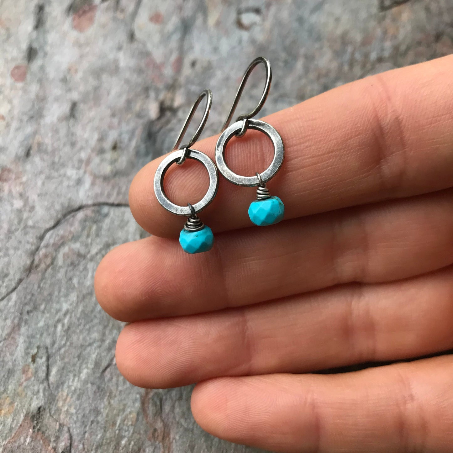 Turquoise Sterling Silver Earrings - Faceted Turquoise on Dainty Sterling Silver Circles