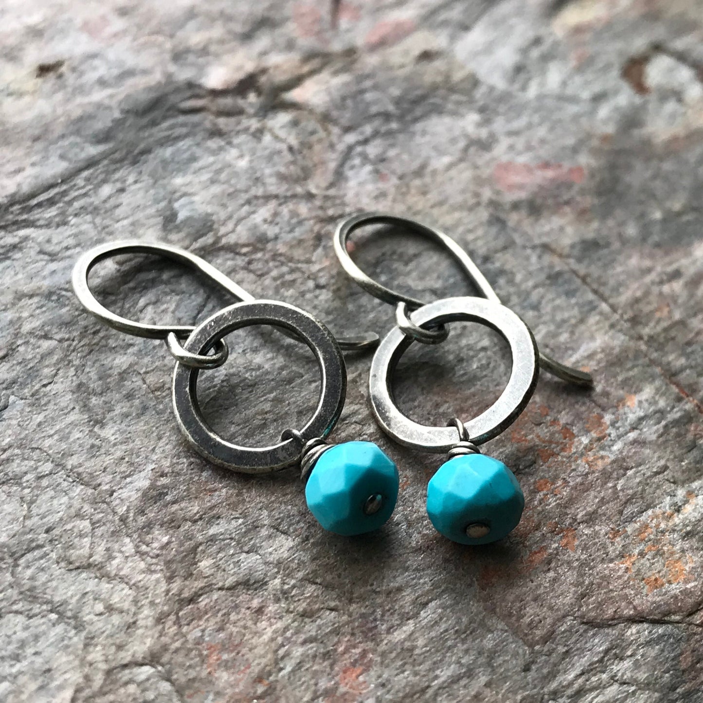 Turquoise Sterling Silver Earrings - Faceted Turquoise on Dainty Sterling Silver Circles