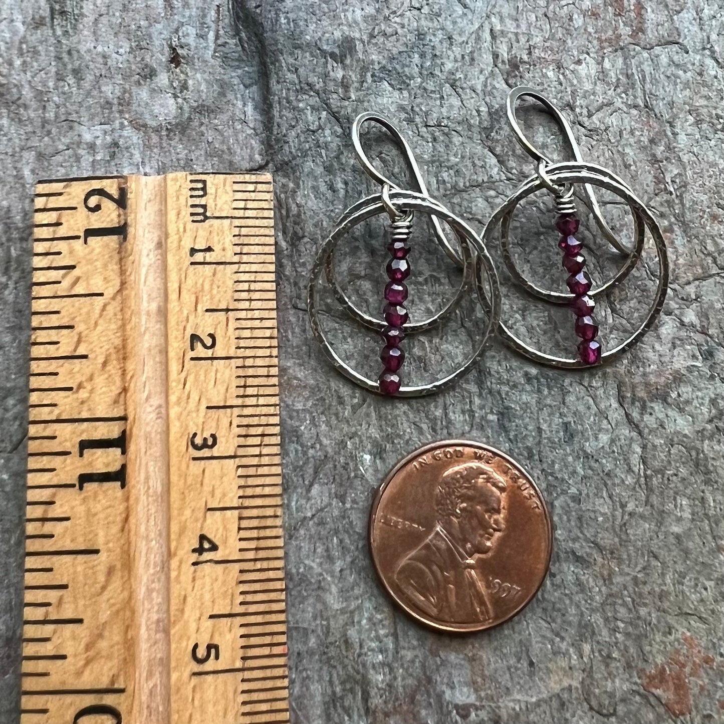 Rhodolite Garnet Sterling Silver Earrings - Faceted Rhodolite Garnet and Sterling Silver Texture Rings