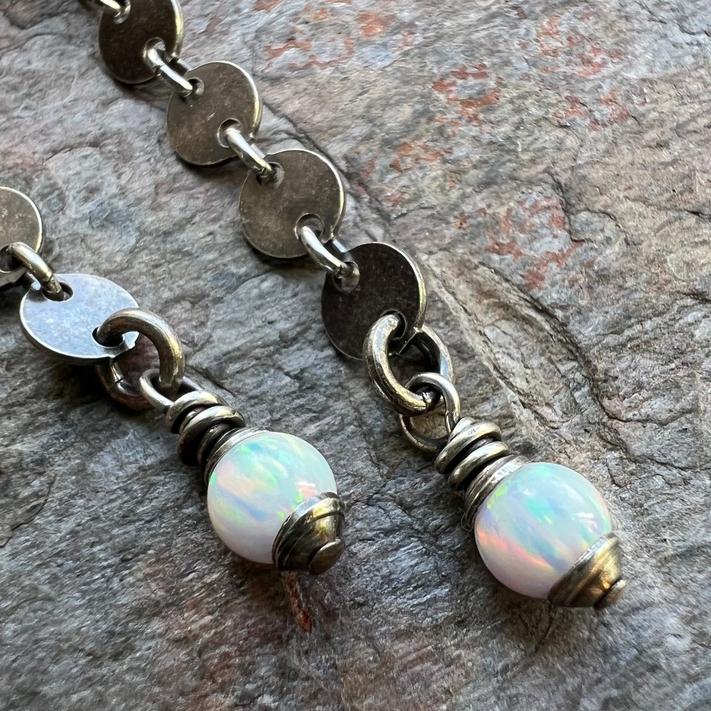 Opal Sterling Silver Earrings - Opal Beads on Sterling Silver Circle Chain Earrings