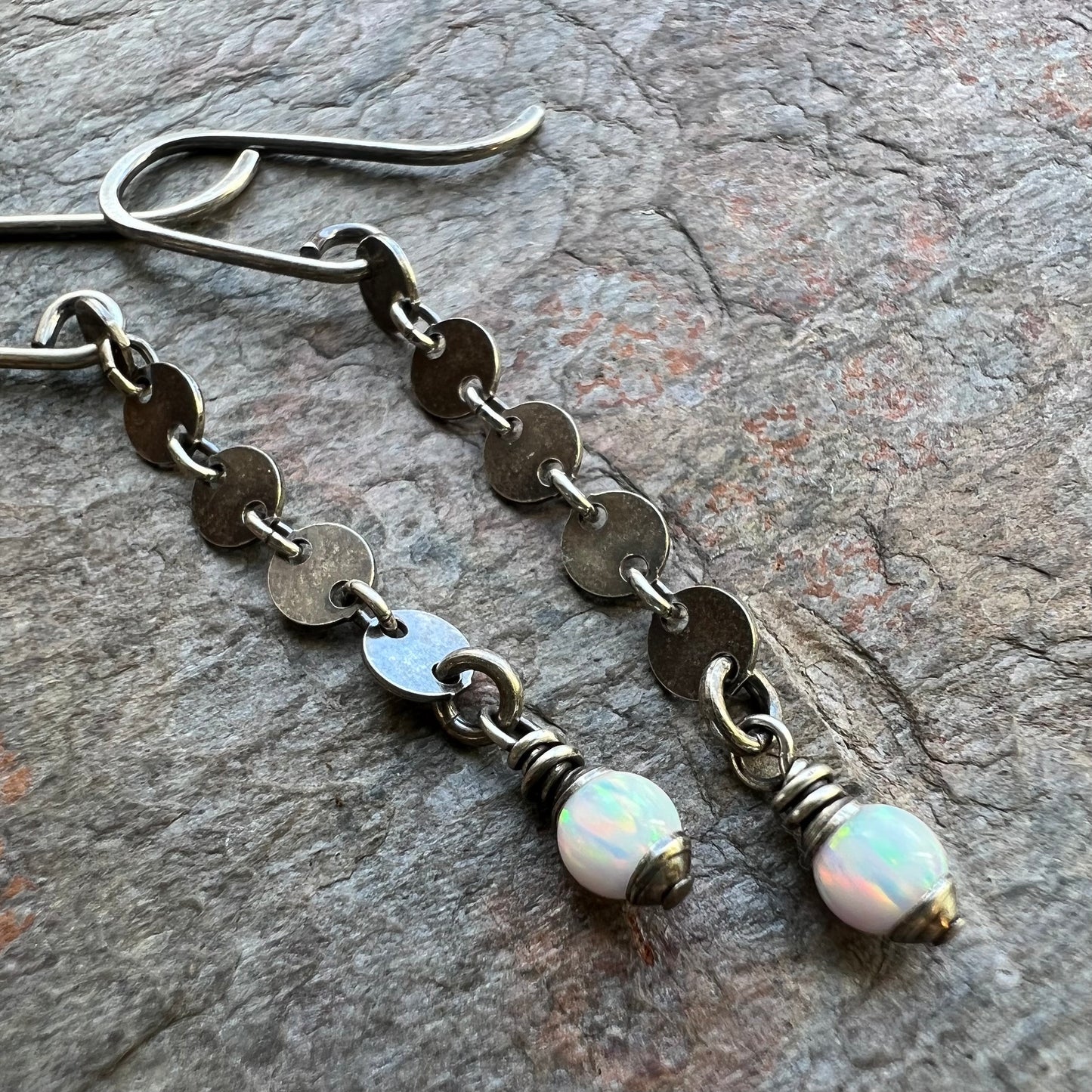 Opal Sterling Silver Earrings - Opal Beads on Sterling Silver Circle Chain Earrings