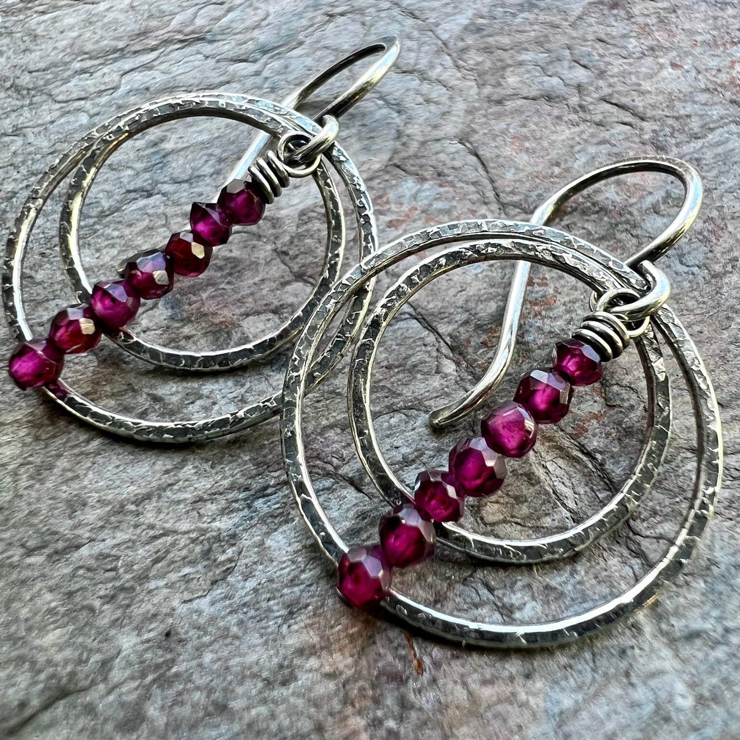 Rhodolite Garnet Sterling Silver Earrings - Faceted Rhodolite Garnet and Sterling Silver Texture Rings