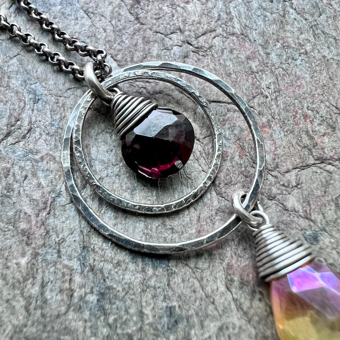 Garnet and Quartz Sterling Silver Necklace - Genuine Deep Garnet and Butterscotch Quartz Pendant on Sterling Silver Chain