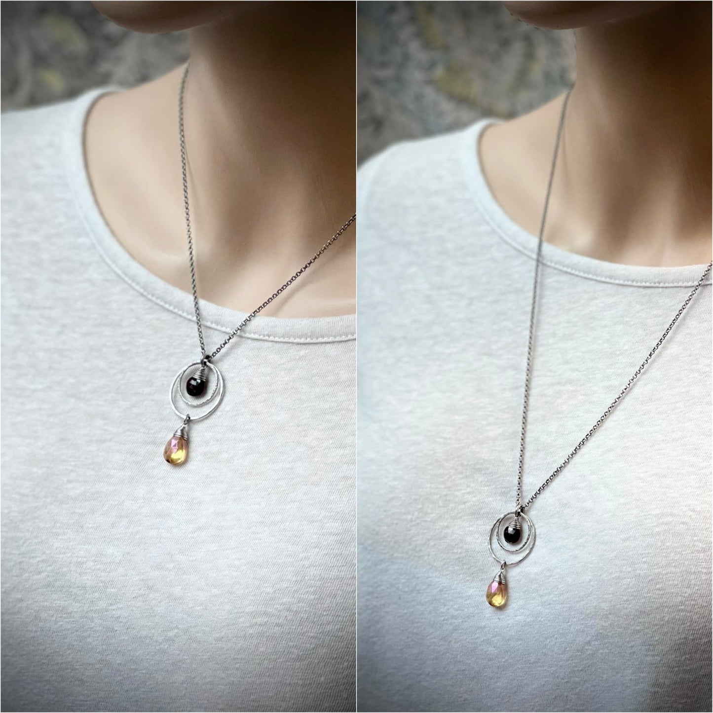 Garnet and Quartz Sterling Silver Necklace - Genuine Deep Garnet and Butterscotch Quartz Pendant on Sterling Silver Chain