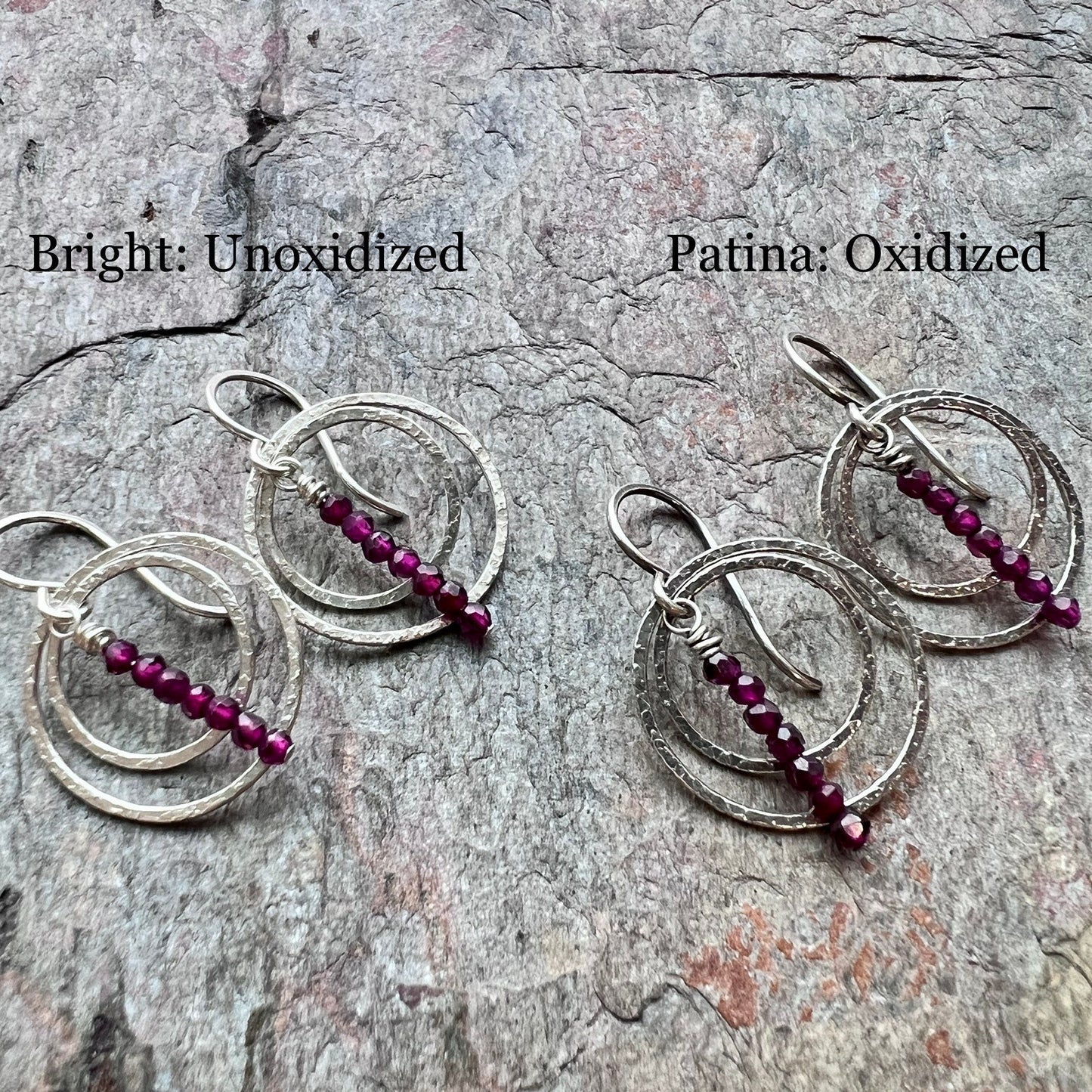 Rhodolite Garnet Sterling Silver Earrings - Faceted Rhodolite Garnet and Sterling Silver Texture Rings