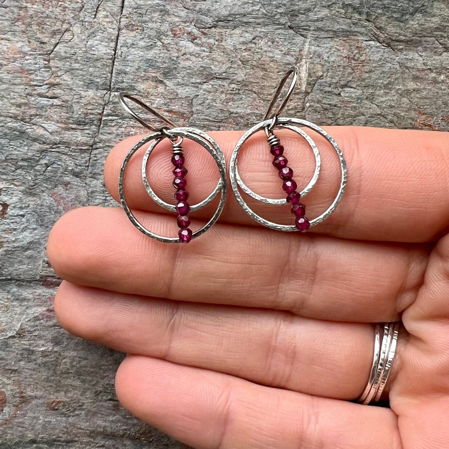 Rhodolite Garnet Sterling Silver Earrings - Faceted Rhodolite Garnet and Sterling Silver Texture Rings