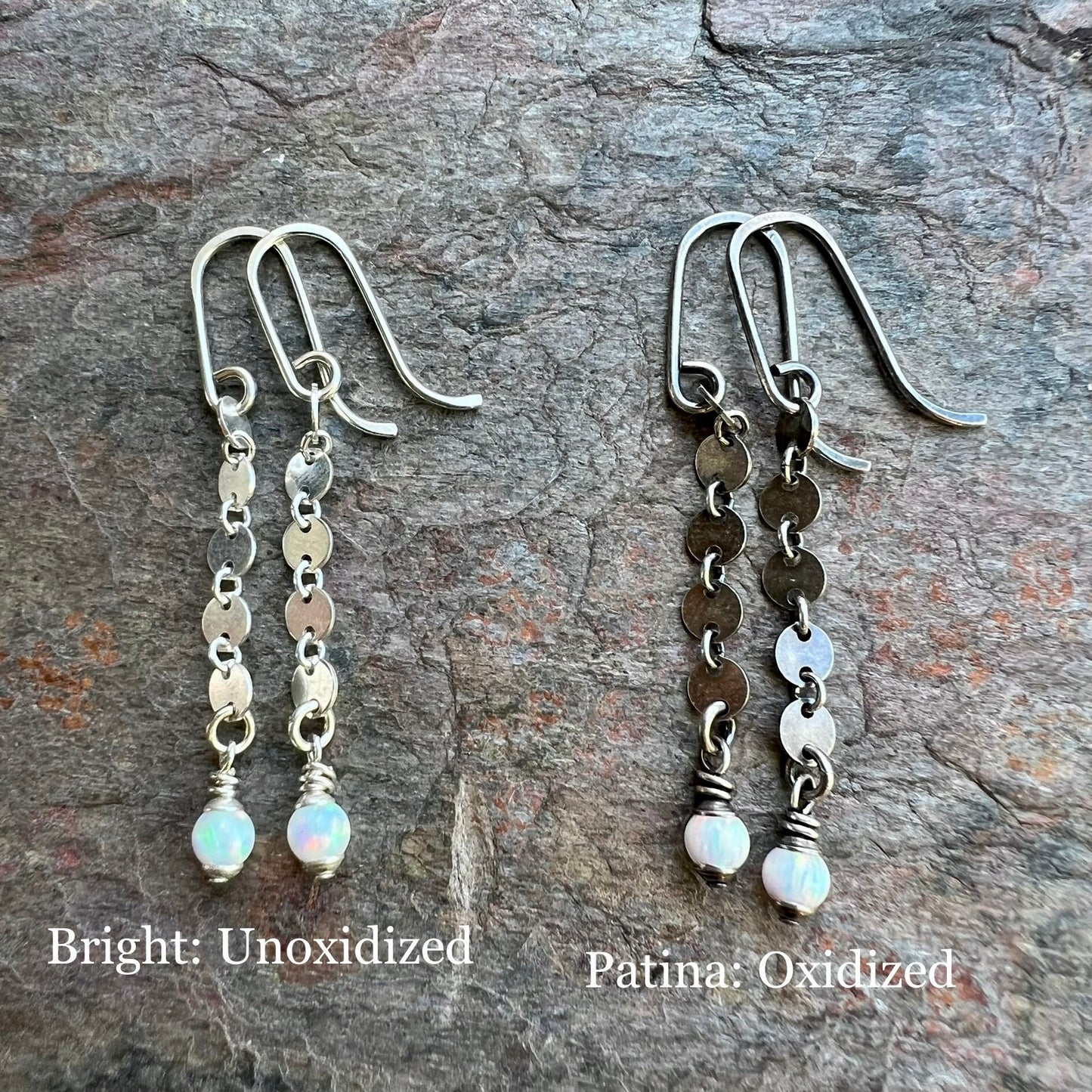 Opal Sterling Silver Earrings - Opal Beads on Sterling Silver Circle Chain Earrings