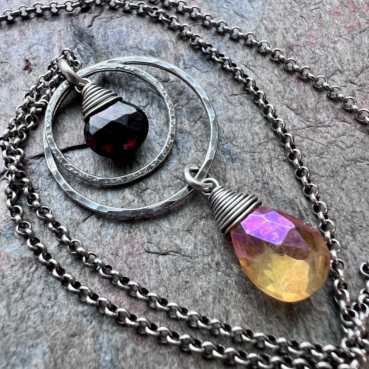 Garnet and Quartz Sterling Silver Necklace - Genuine Deep Garnet and Butterscotch Quartz Pendant on Sterling Silver Chain