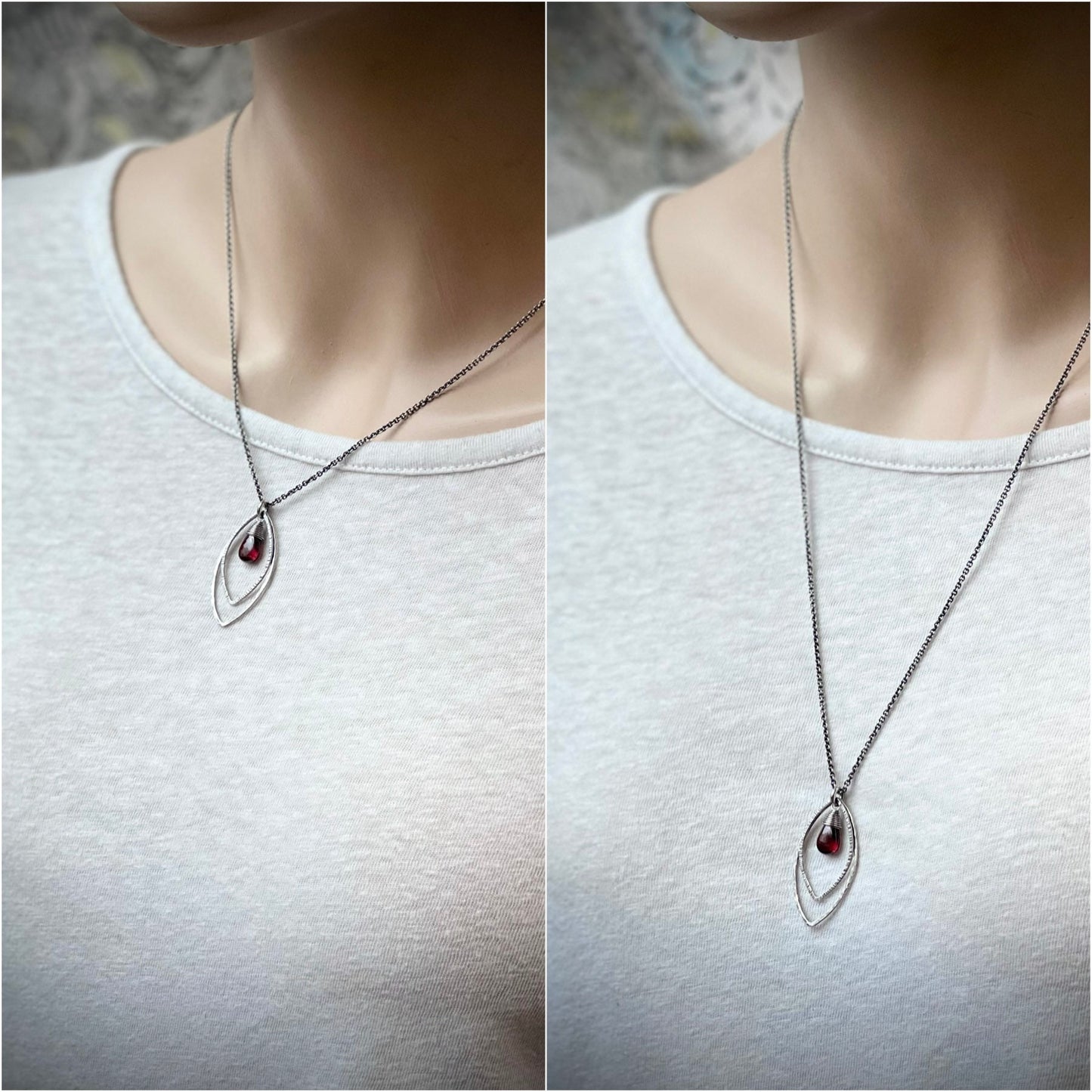 Garnet Sterling Silver Necklace - Genuine Garnet Pendant in Textured Sterling Silver Petals