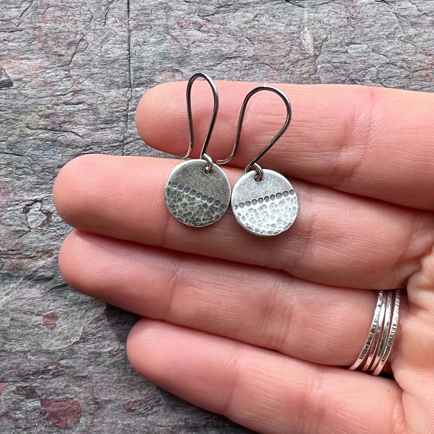 Sterling Silver Circle Earrings with Hammered and Stamped Design