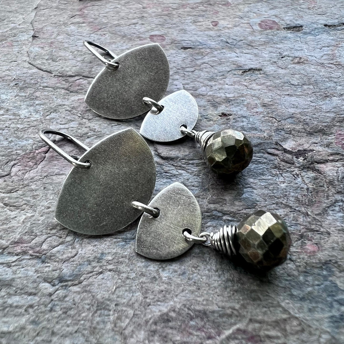 Pyrite Sterling Silver Earrings - Faceted Pyrite Briolettes on Curved Sterling Silver Discs