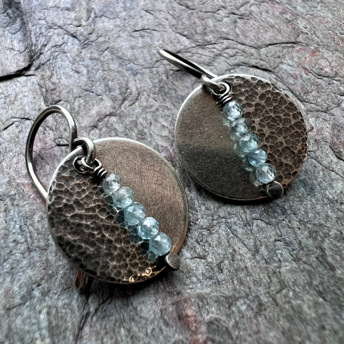 Sterling Silver and Light Blue Zircon Textured Circle Earrings