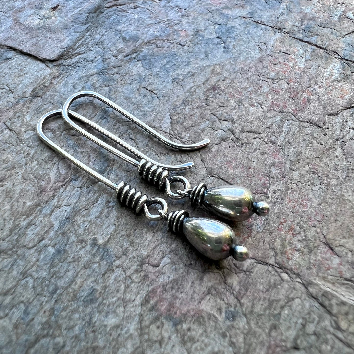 Sterling Silver Teardrop Earrings - Silver Teardrops on Handmade Elongated Earwires