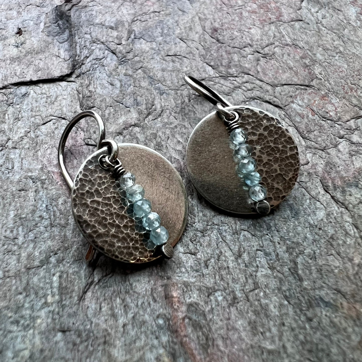 Sterling Silver and Light Blue Zircon Textured Circle Earrings