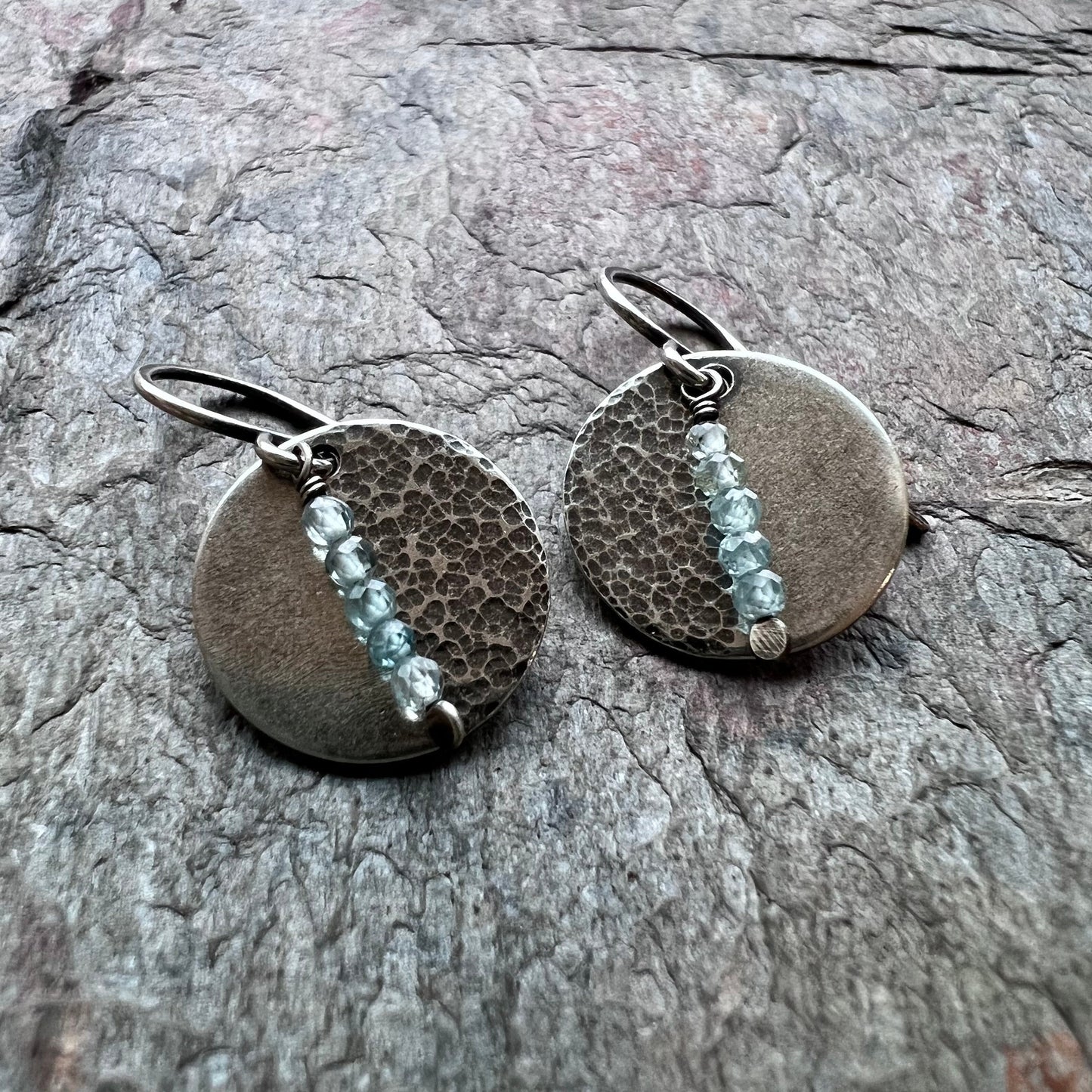 Sterling Silver and Light Blue Zircon Textured Circle Earrings